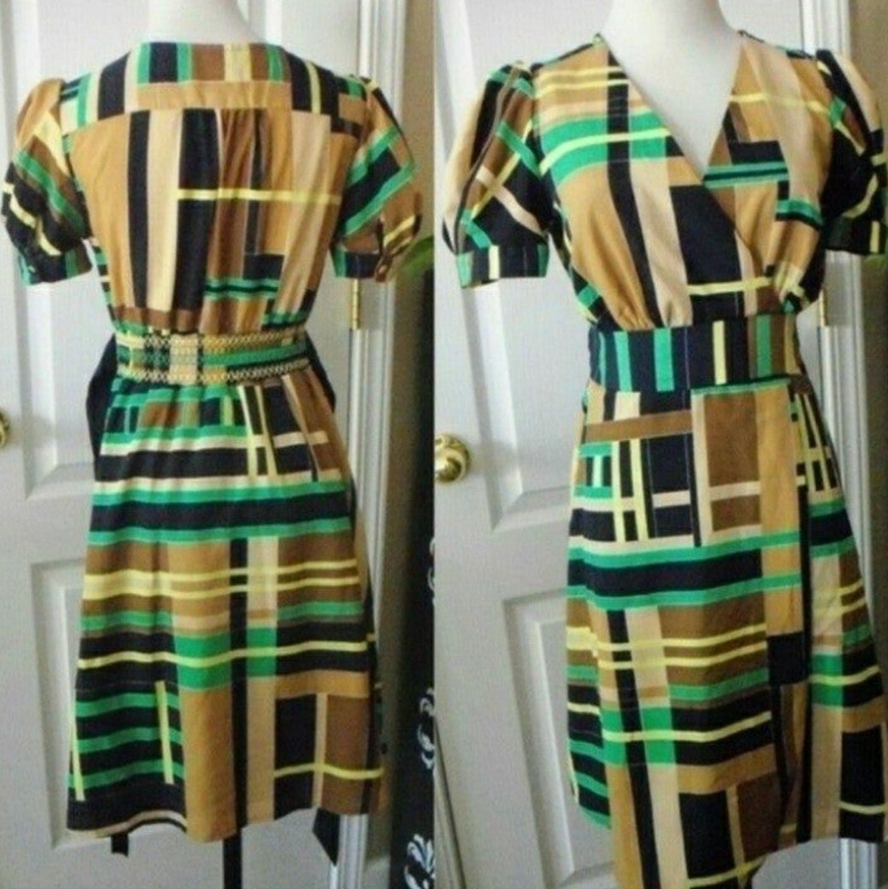 Plaid Dress Faux Wrap Knee Length Puff Sleeve XS Womens X-Smal